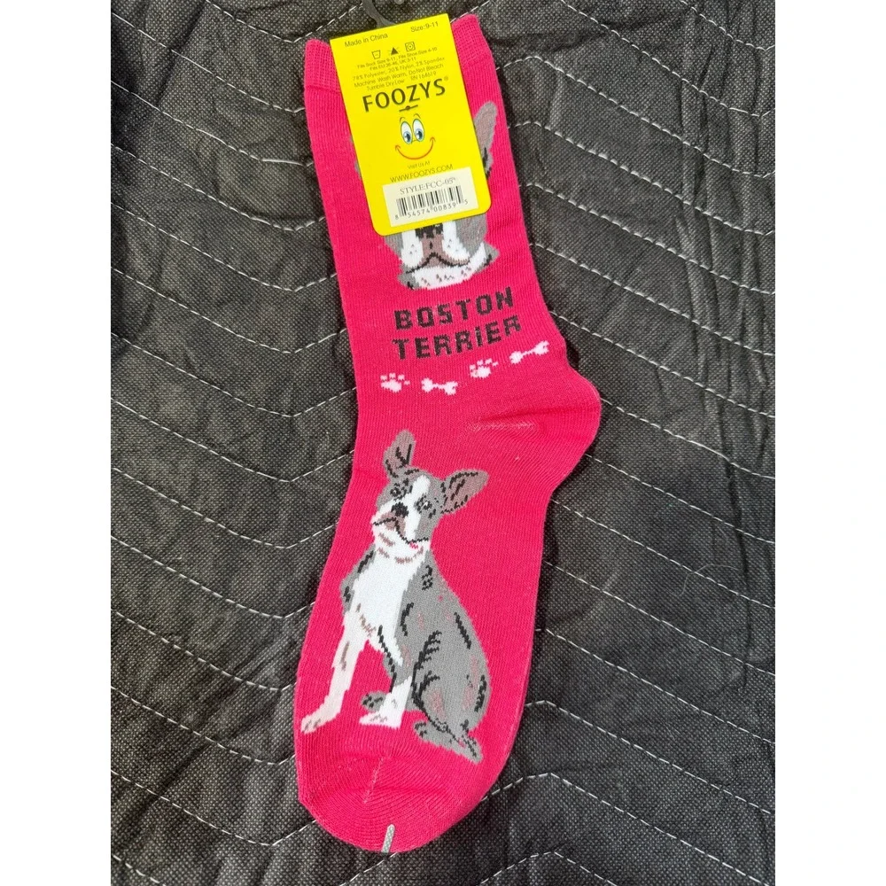 Foozys Crew Socks Women 9-11‎ Pink NWT Boston Terrier Canine Collection FCC-035